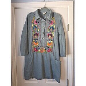 Sister Mary Isabel Embroidered Flowers Colorful Gray 3/4 Sleeve Top Collared S/M